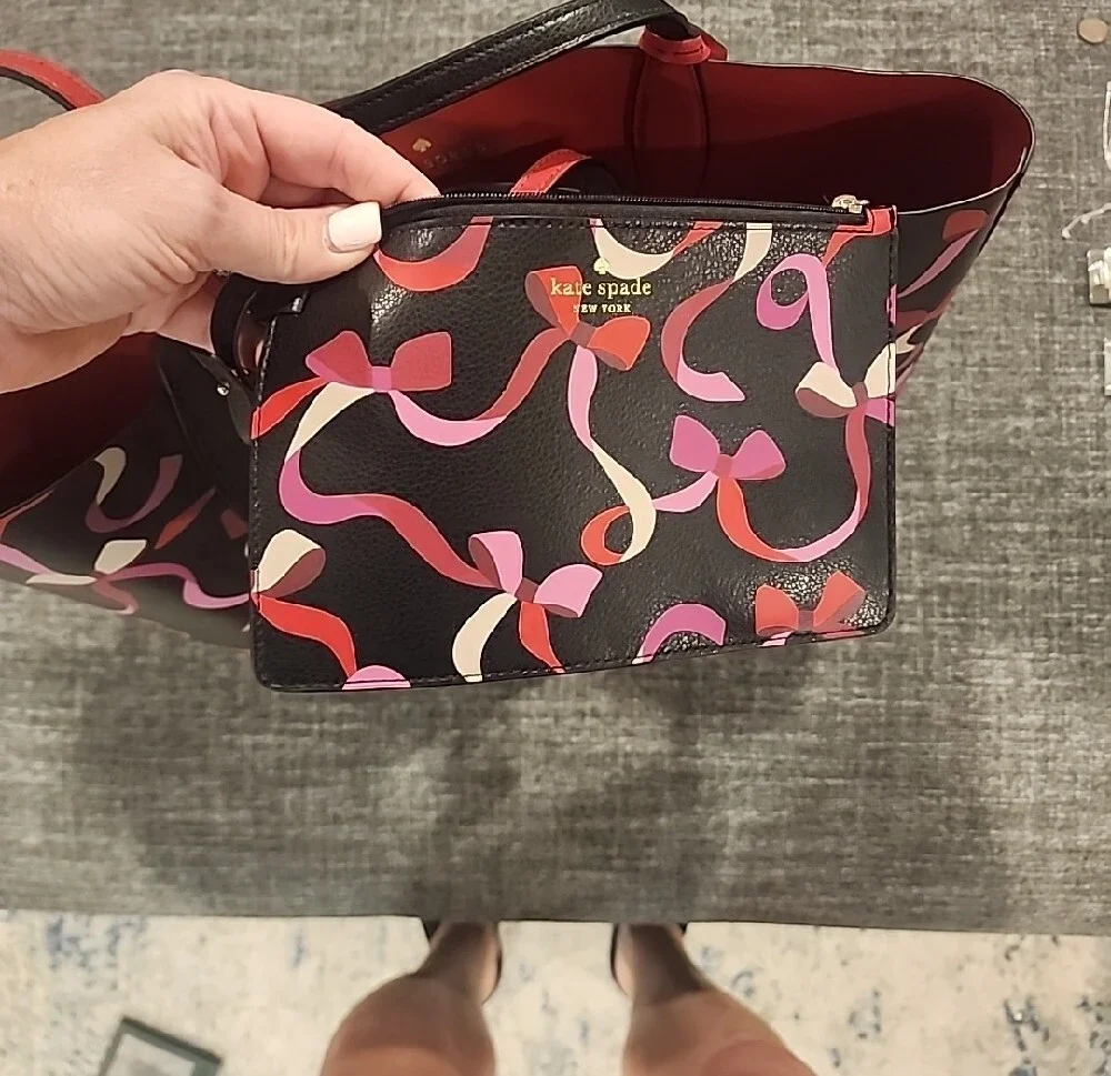 kate spade Black Tote with Pink and Red Ribbon-Print--Reversible To All Red